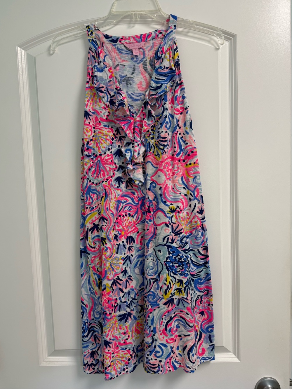 Lilly Pulitzer Shay Ruffle V-neck Dress “So Sofishticated” print Sz Med Vibrant